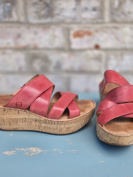 Born Shoes - Born Pink Leather Cork Wedge Comfort Slide Sandals Size 7